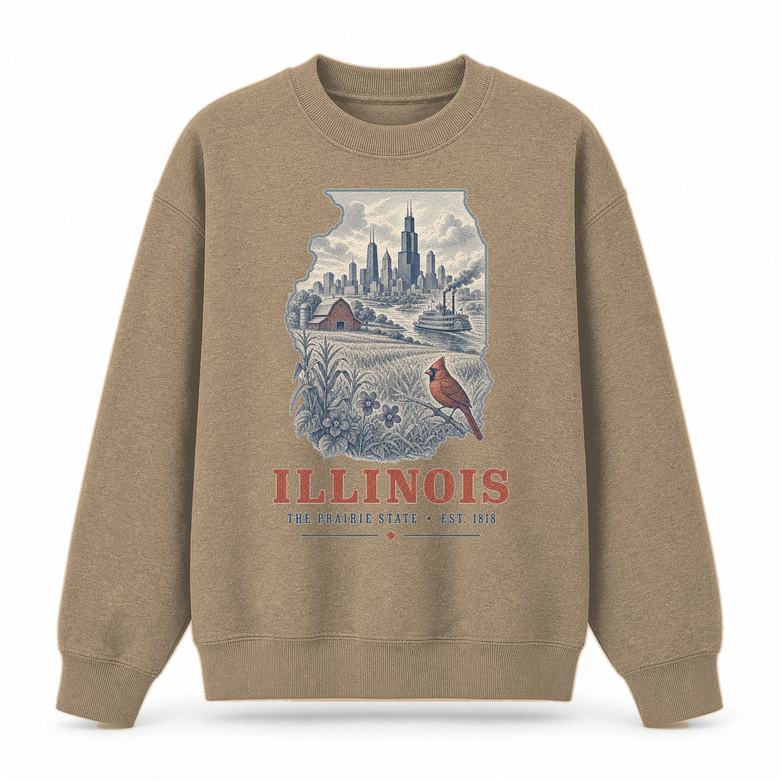 Vintage Illinois State Graphic Crewneck Sweatshirt in Khaki, front view on a white background