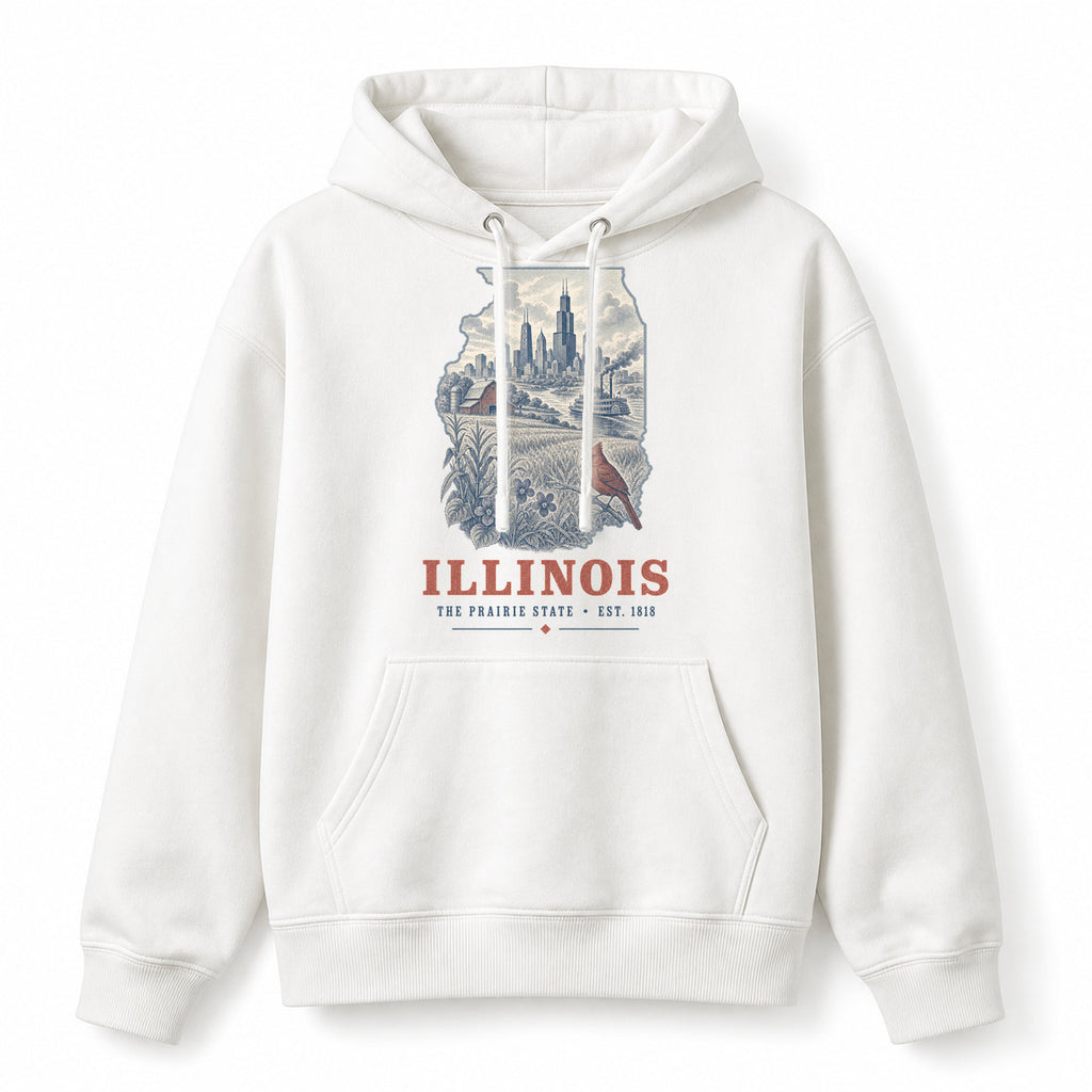 Vintage Illinois State Graphic Pullover Hoodie in White, front view on a white background