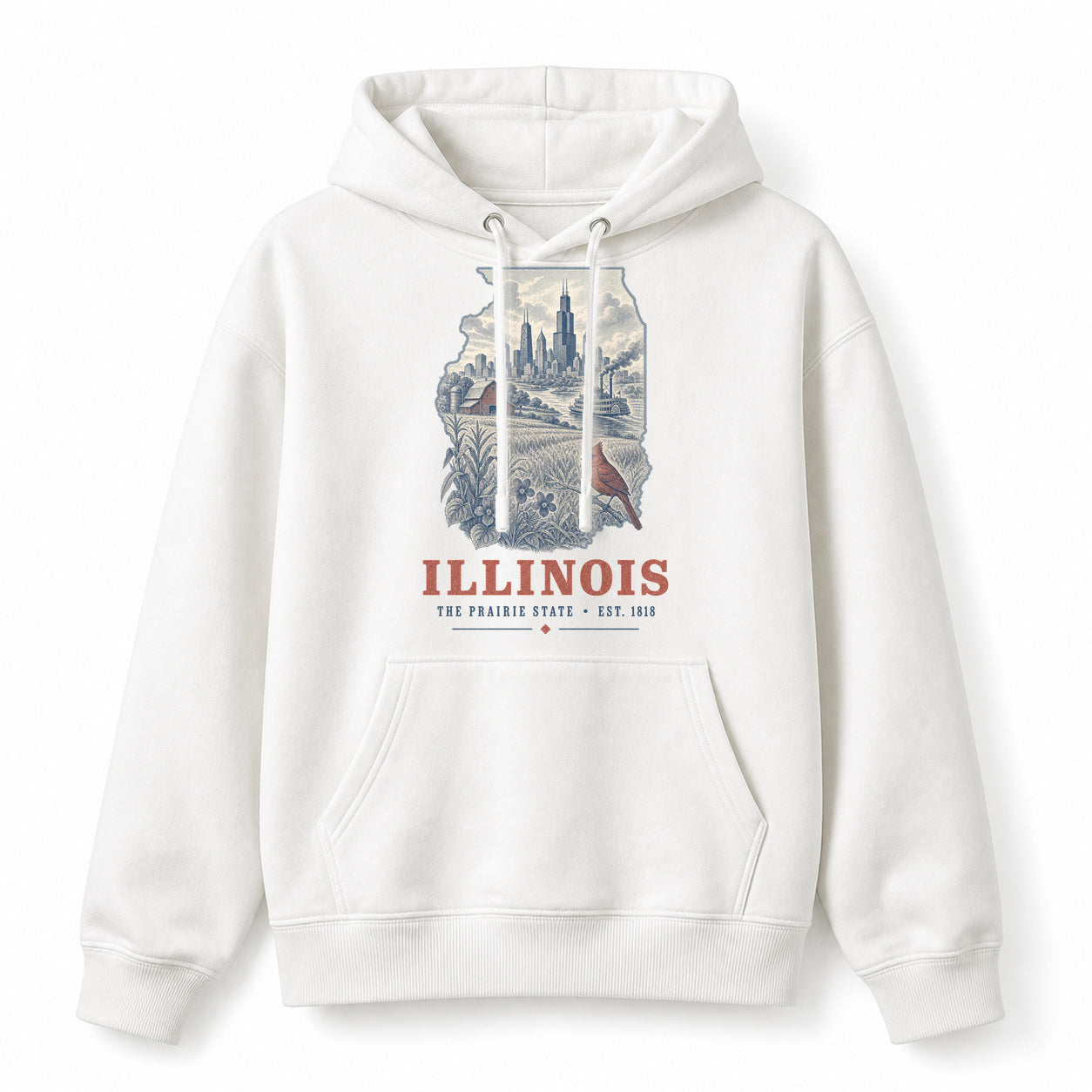 Vintage Illinois State Graphic Pullover Hoodie in White, front view on a white background