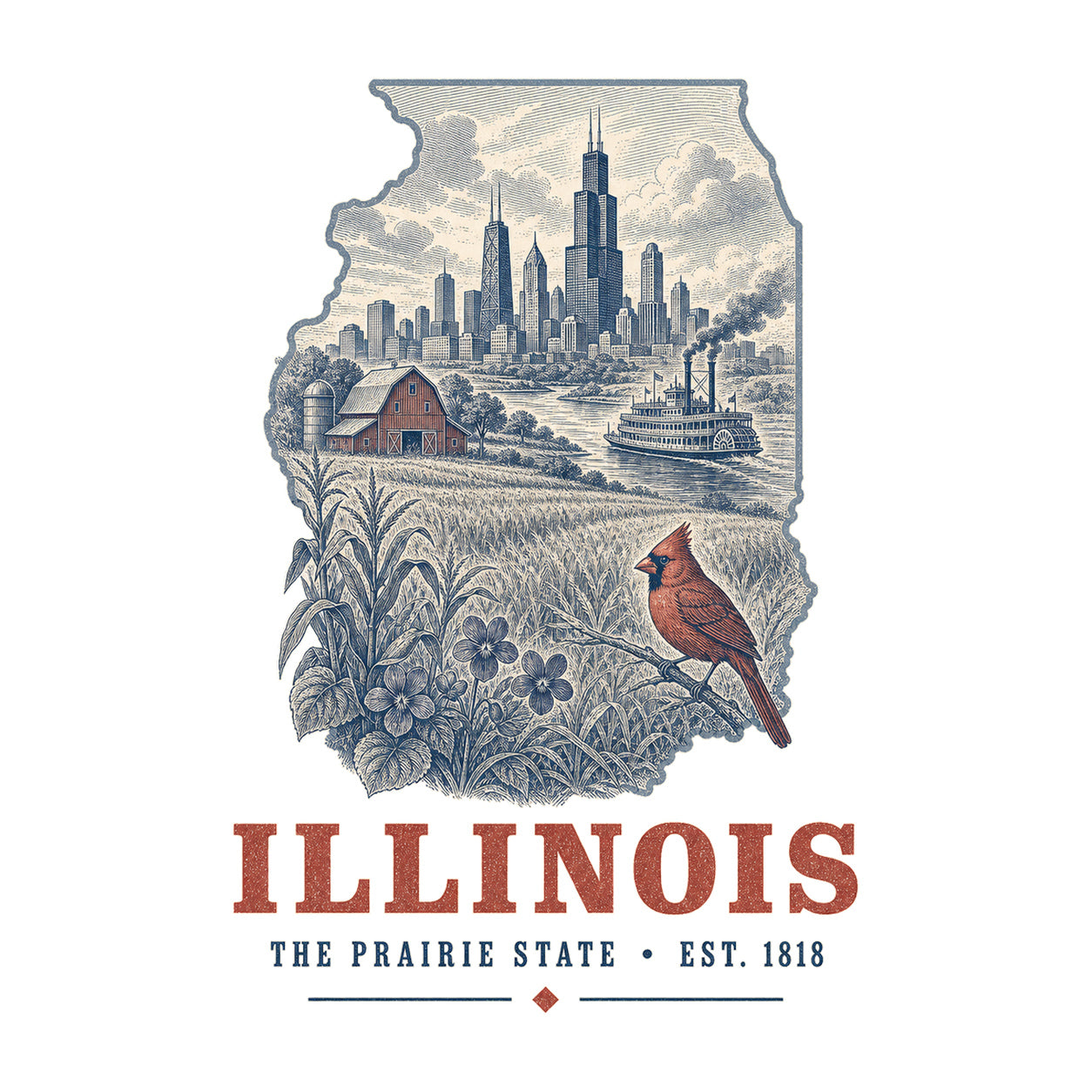 Illinois vintage state artwork on a white background