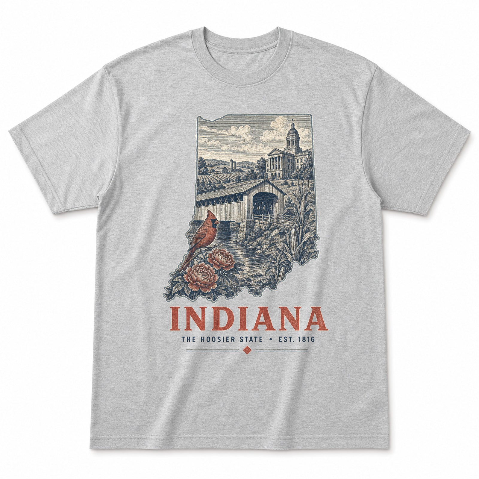 Vintage Indiana State Graphic T-Shirt in Heather Gray, front view on a white background
