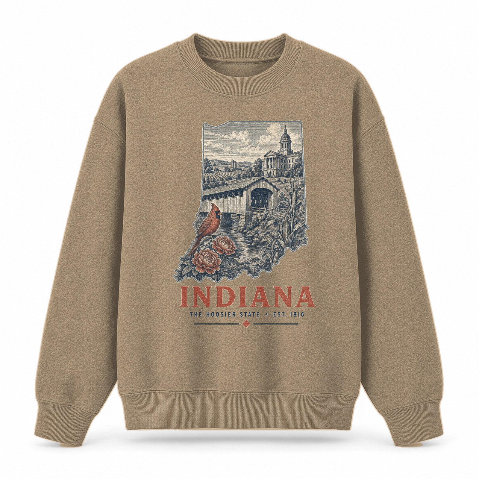 Vintage Indiana State Graphic Crewneck Sweatshirt in Khaki, front view on a white background