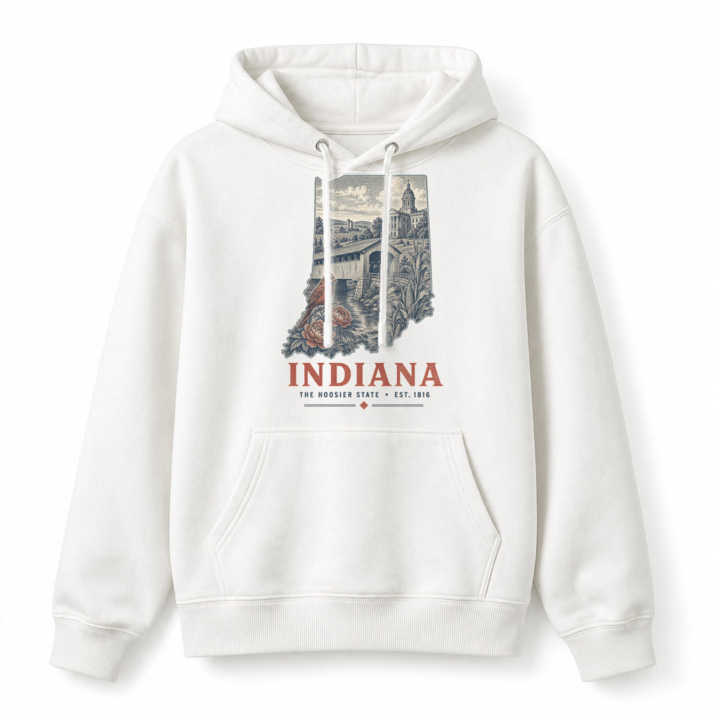Vintage Indiana State Graphic Pullover Hoodie in White, front view on a white background