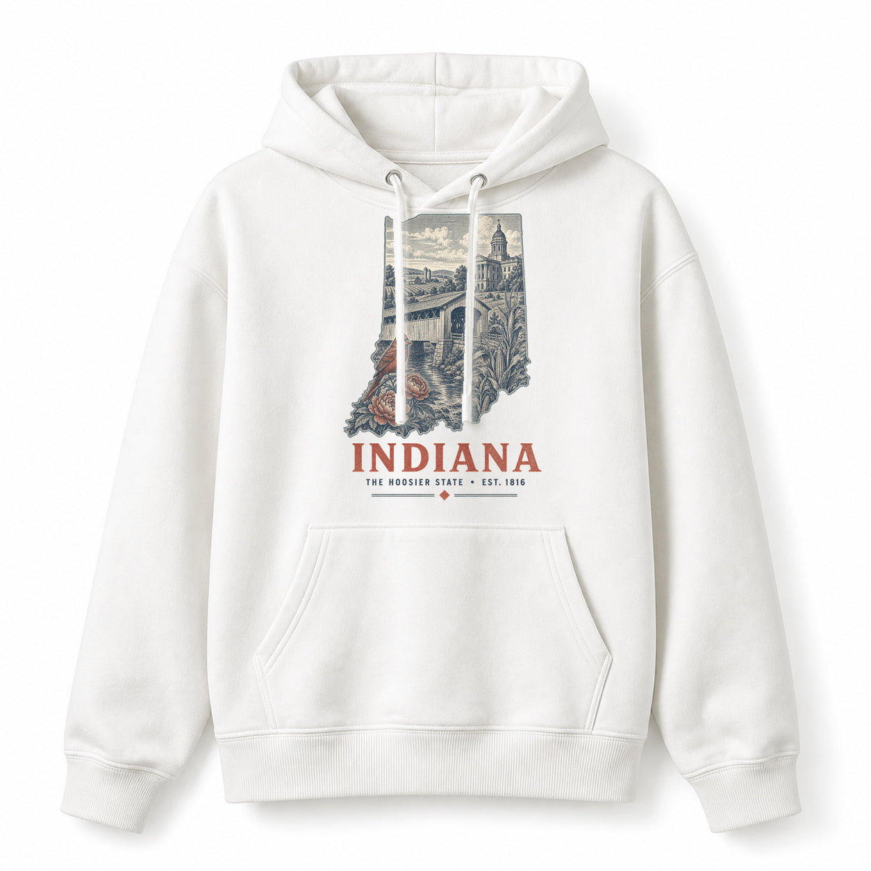 Vintage Indiana State Graphic Pullover Hoodie in White, front view on a white background