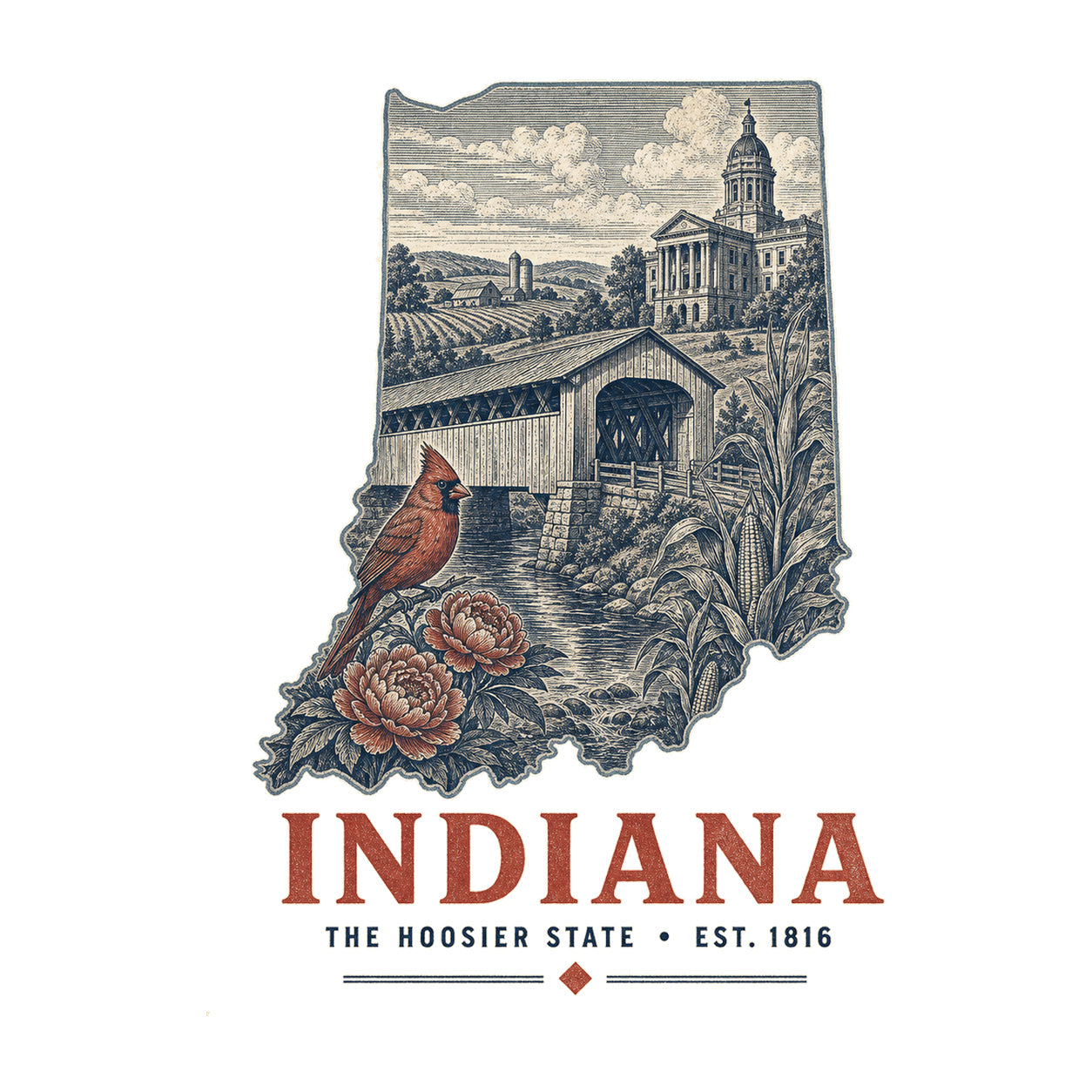 Indiana vintage state artwork on a white background