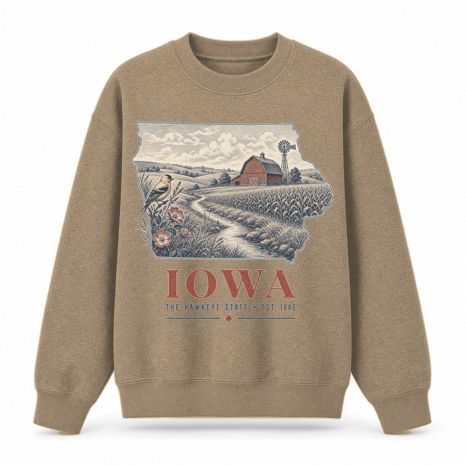 Vintage Iowa State Graphic Crewneck Sweatshirt in Khaki, front view on a white background