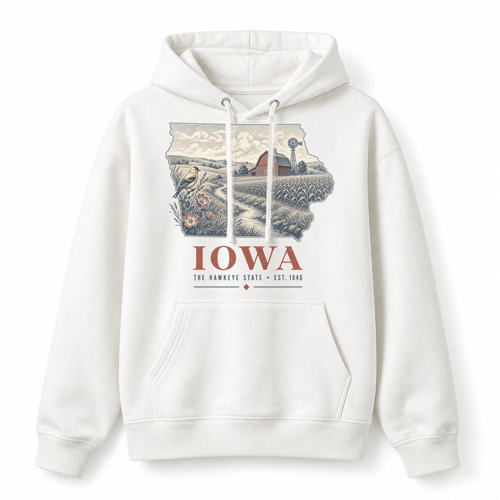 Vintage Iowa State Graphic Pullover Hoodie in White, front view on a white background