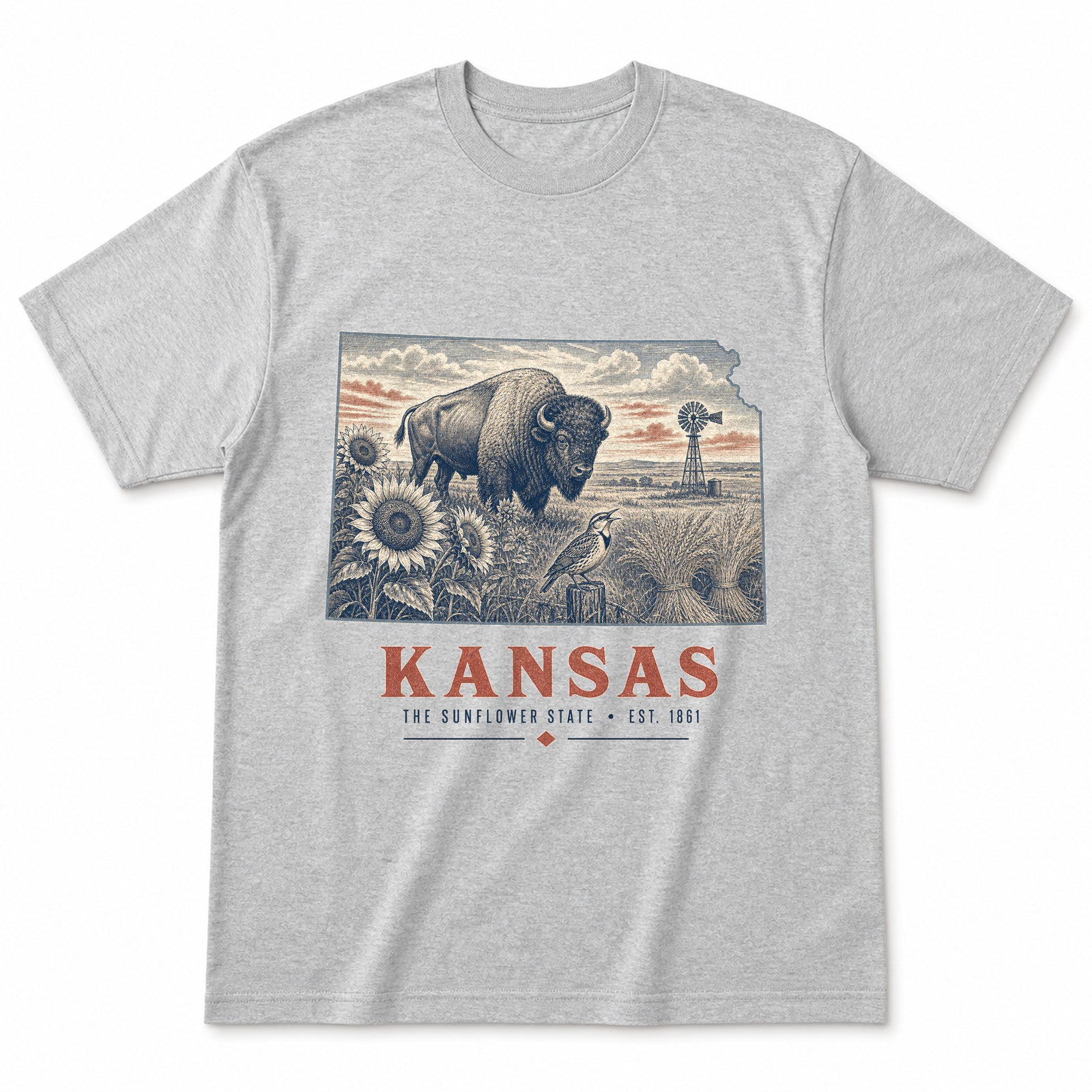 Vintage Kansas State Graphic T-Shirt in Heather Gray, front view on a white background