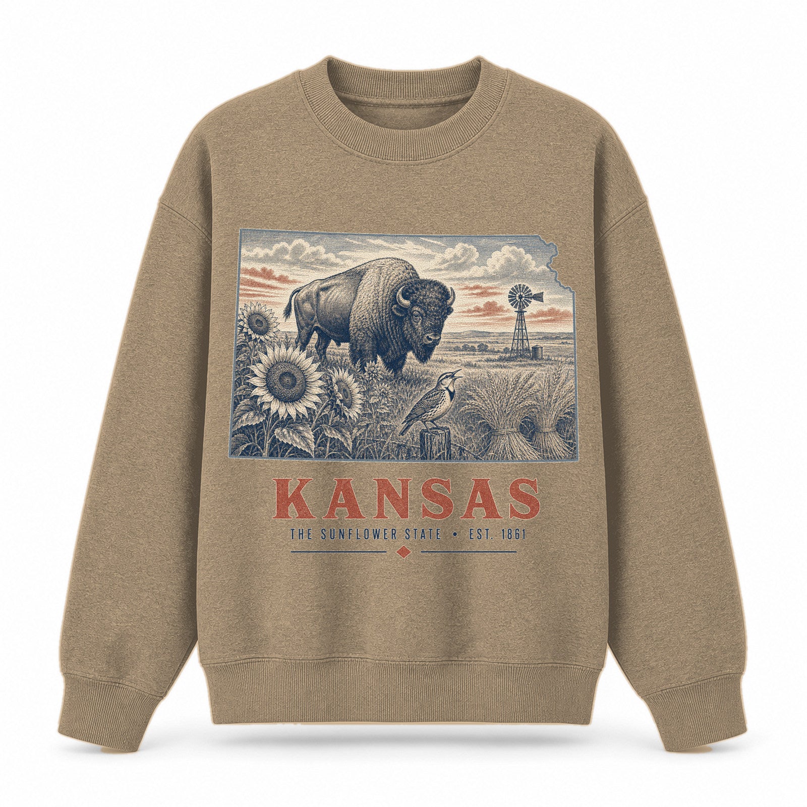 Vintage Kansas State Graphic Crewneck Sweatshirt in Khaki, front view on a white background