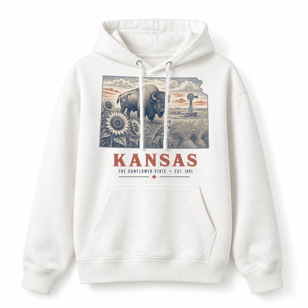 Vintage Kansas State Graphic Pullover Hoodie in White, front view on a white background