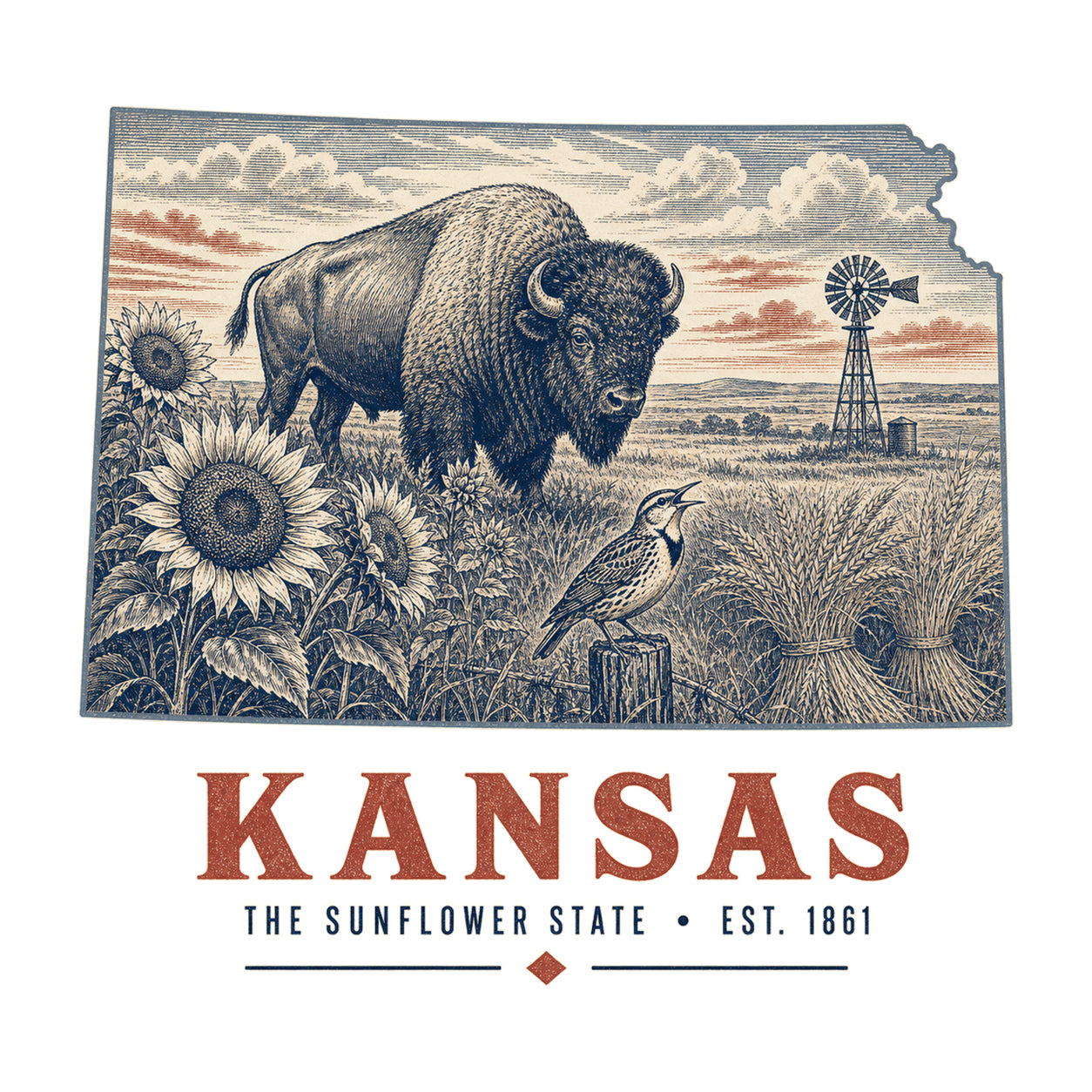 Kansas vintage state artwork on a white background