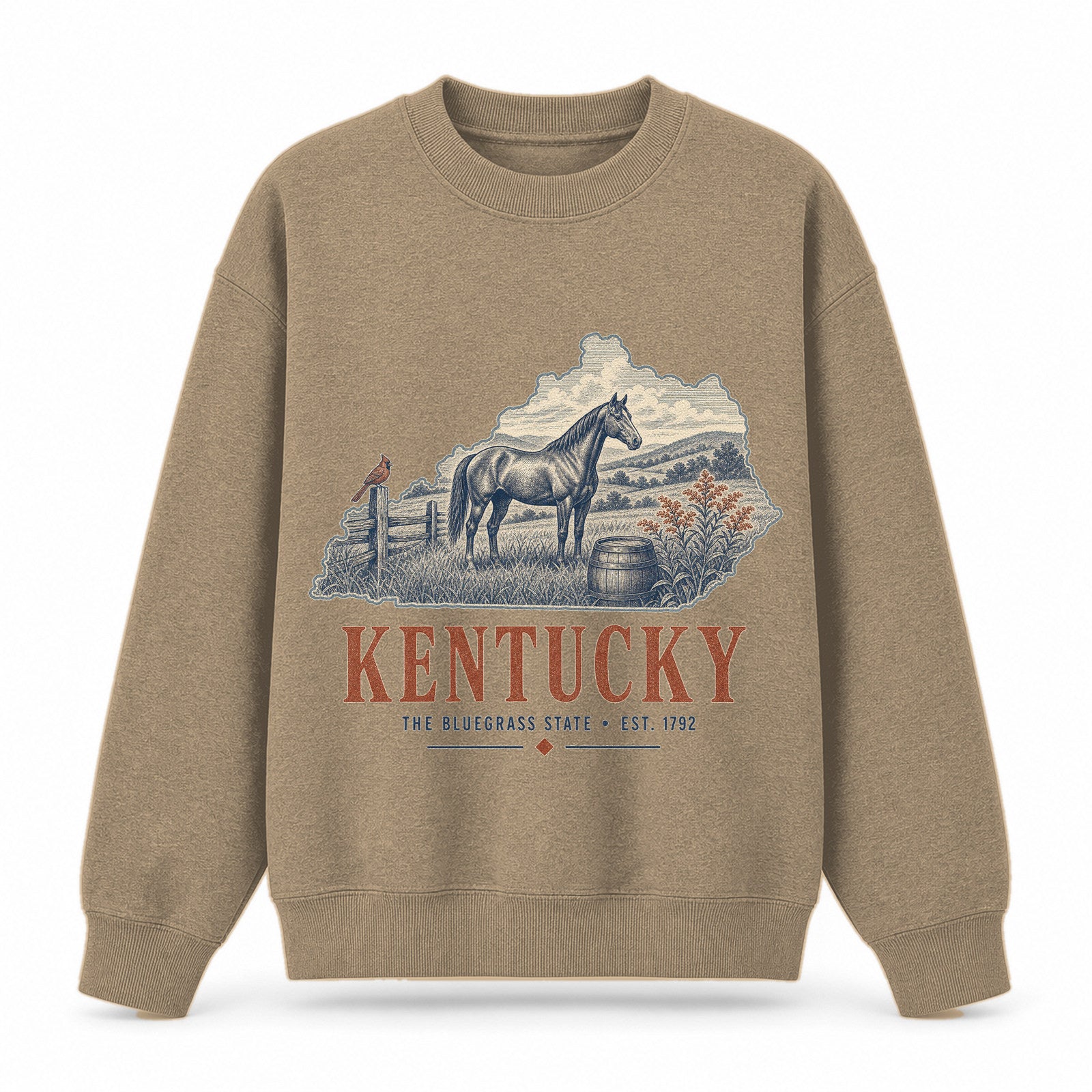 Vintage Kentucky State Graphic Crewneck Sweatshirt in Khaki, front view on a white background
