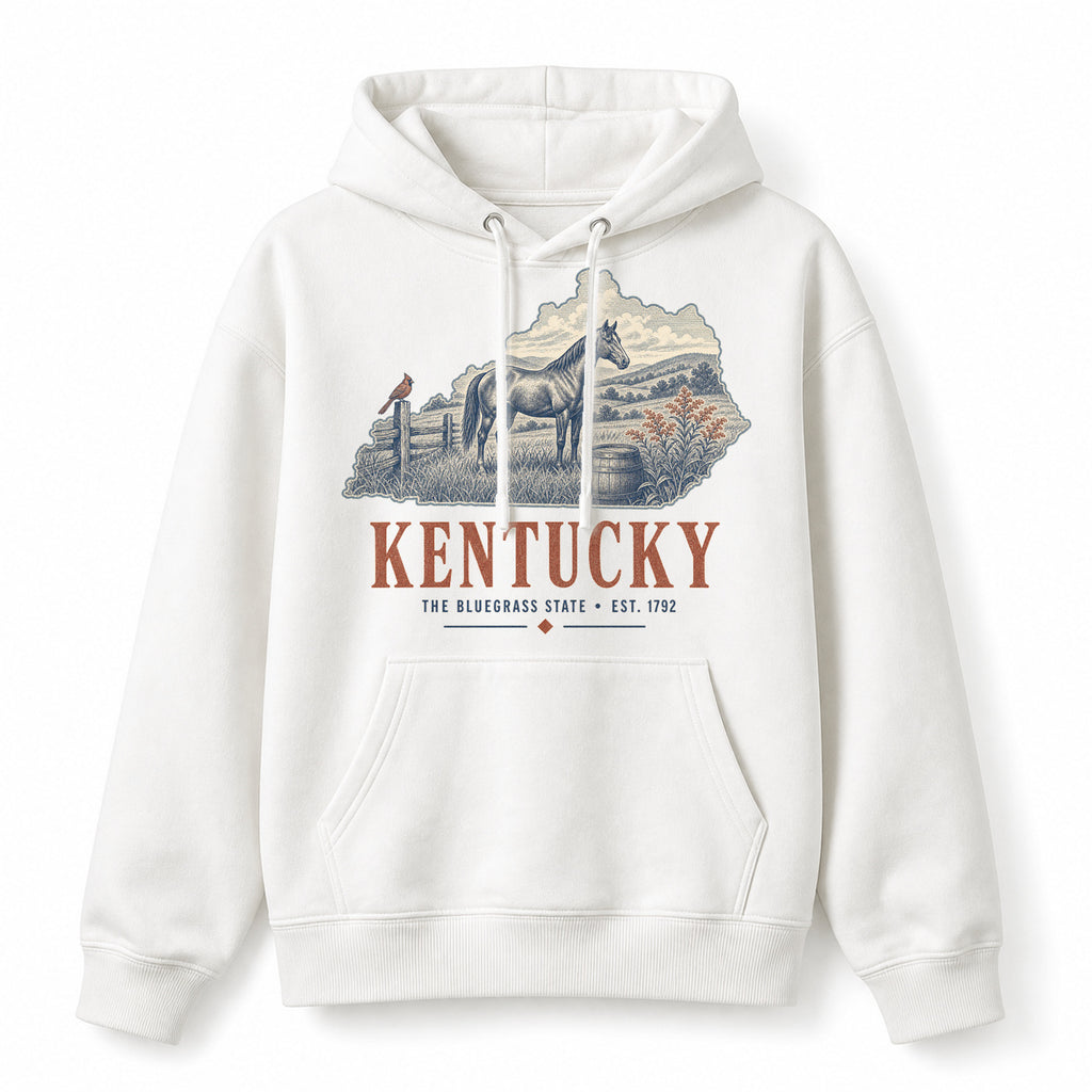Vintage Kentucky State Graphic Pullover Hoodie in White, front view on a white background