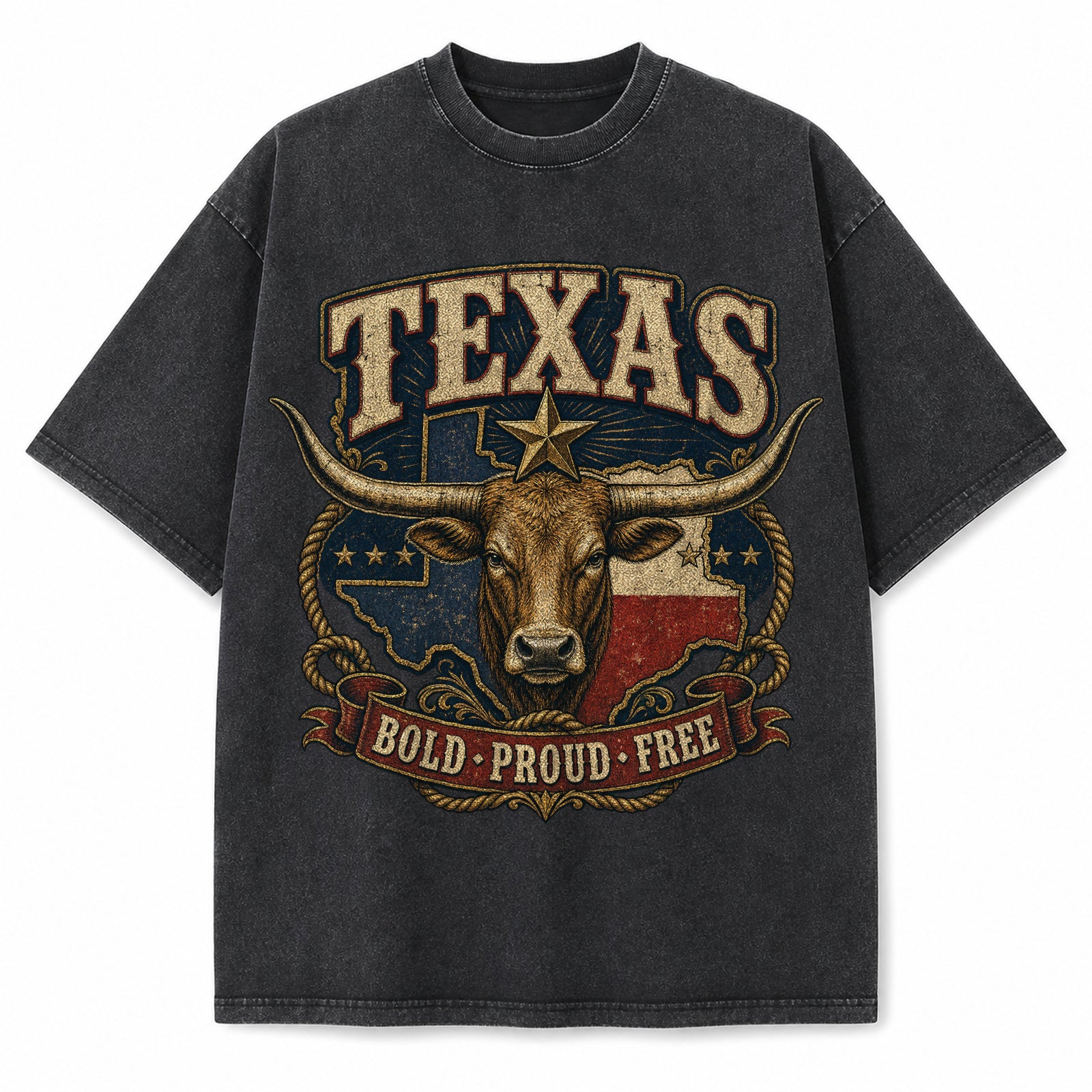 Vintage Washed Texas Bold, Proud and Free Heavyweight Graphic Tee in Vintage Washed Heavyweight T-Shirt, Washed Black