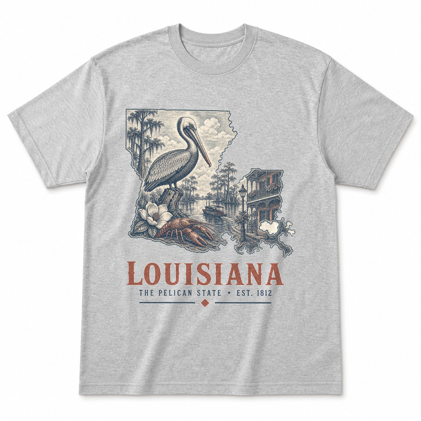 Vintage Louisiana State Graphic T-Shirt in Heather Gray, front view on a white background