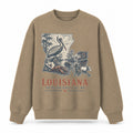 Vintage Louisiana State Graphic Crewneck Sweatshirt in Khaki, front view on a white background