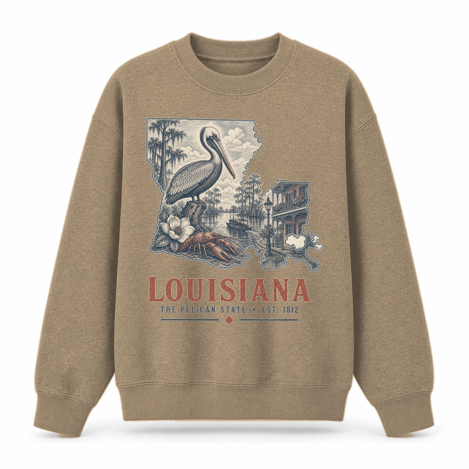 Vintage Louisiana State Graphic Crewneck Sweatshirt in Khaki, front view on a white background