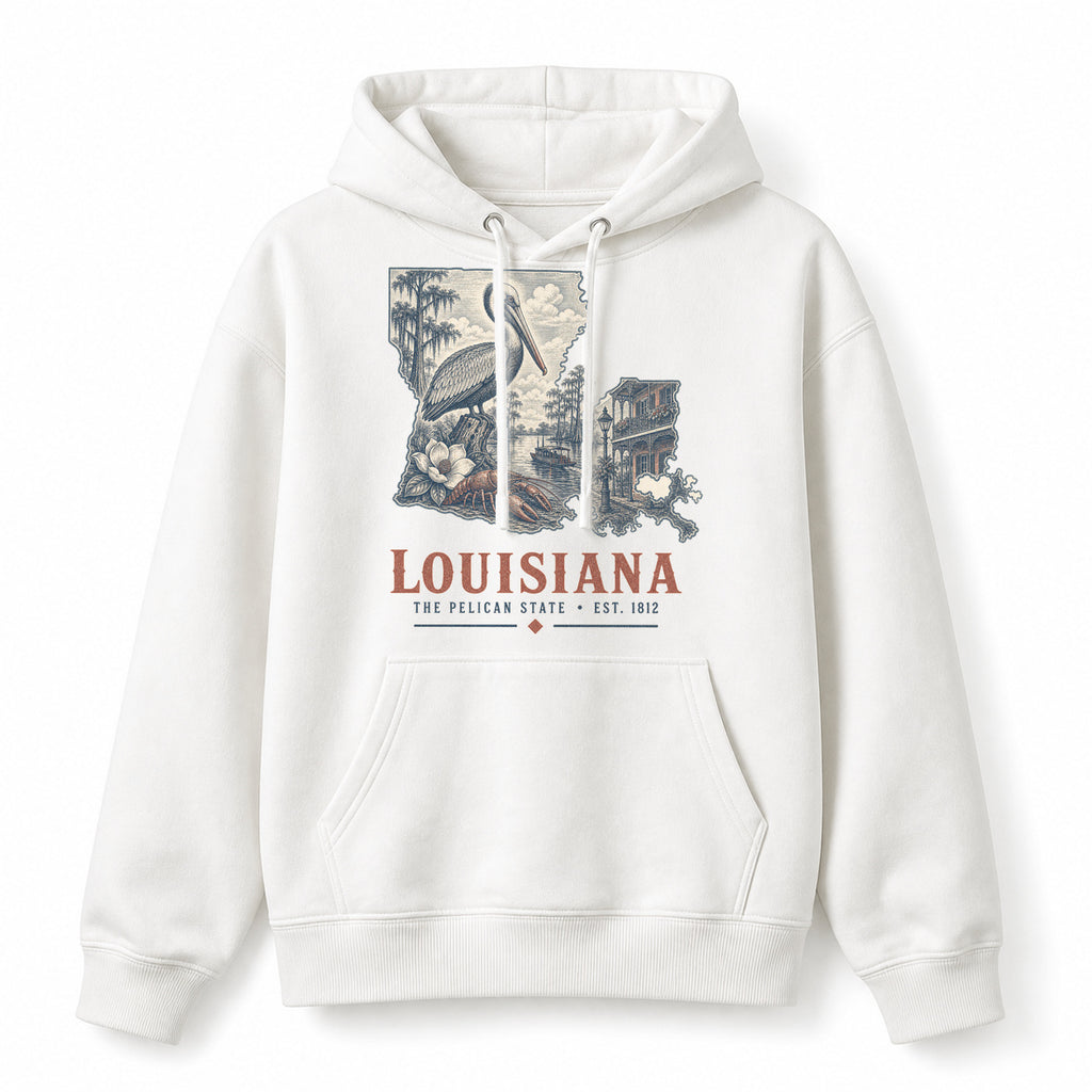 Vintage Louisiana State Graphic Pullover Hoodie in White, front view on a white background