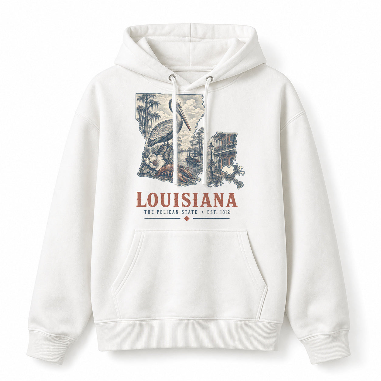 Vintage Louisiana State Graphic Pullover Hoodie in White, front view on a white background