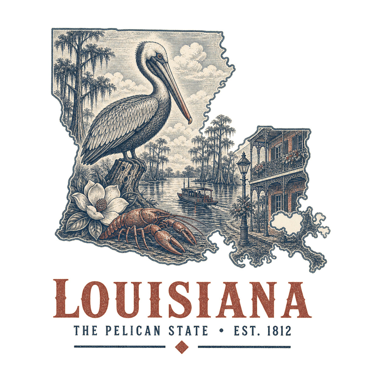 Louisiana vintage state artwork on a white background