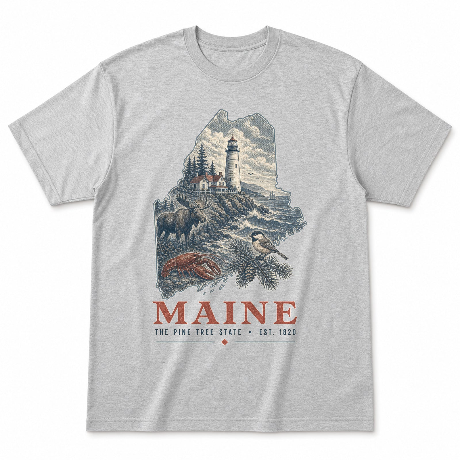 Vintage Maine State Graphic T-Shirt in Heather Gray, front view on a white background