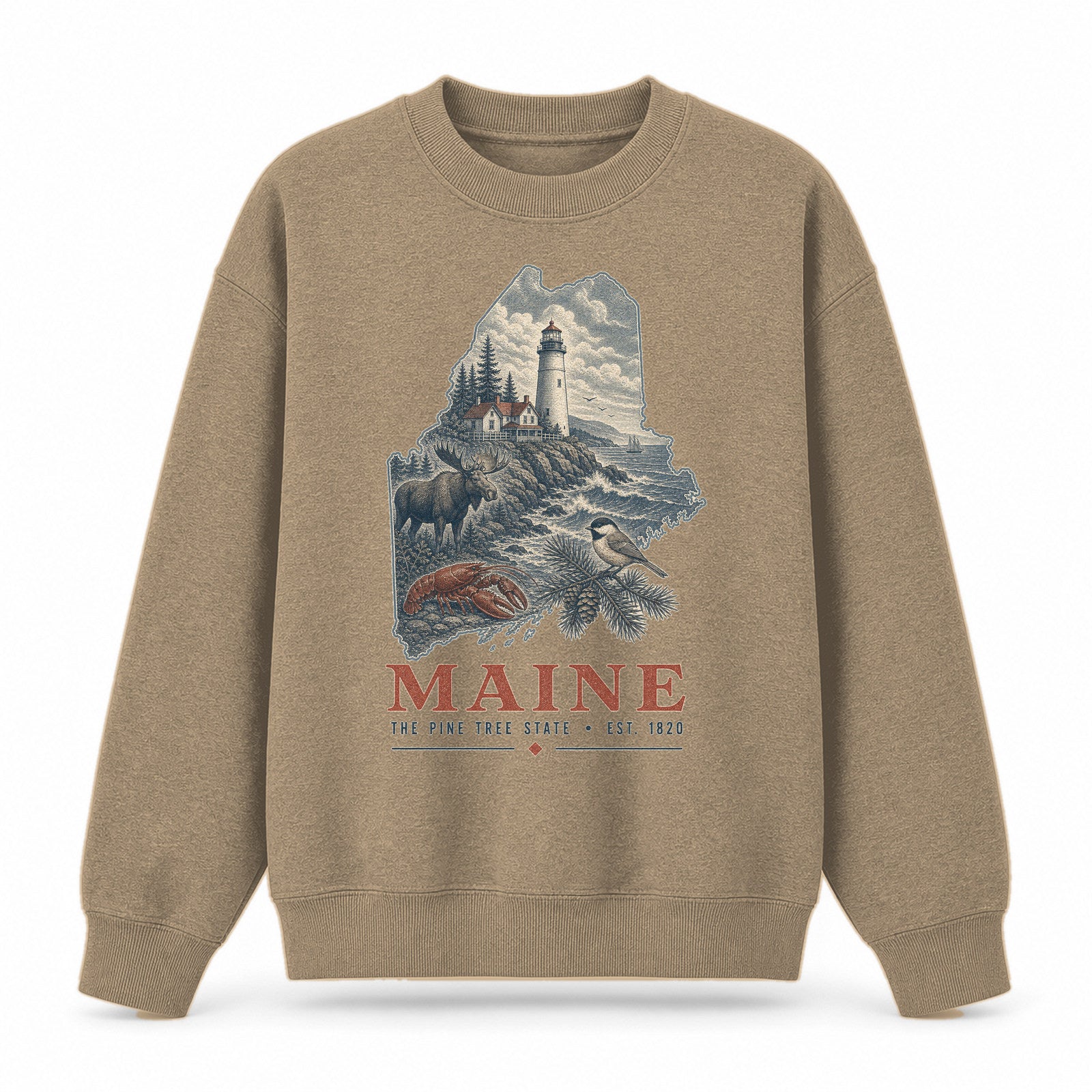 Vintage Maine State Graphic Crewneck Sweatshirt in Khaki, front view on a white background