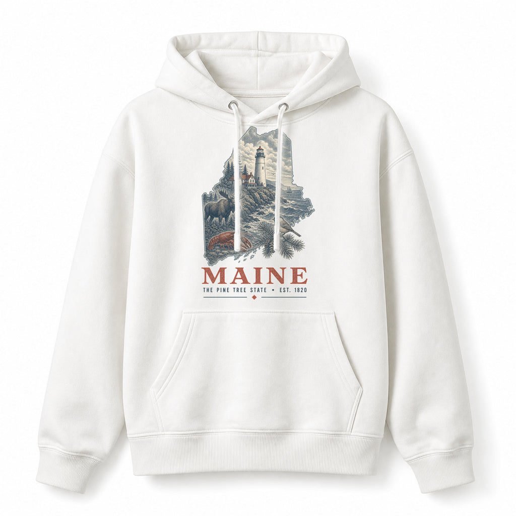Vintage Maine State Graphic Pullover Hoodie in White, front view on a white background
