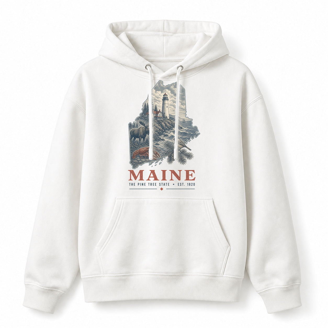 Vintage Maine State Graphic Pullover Hoodie in White, front view on a white background