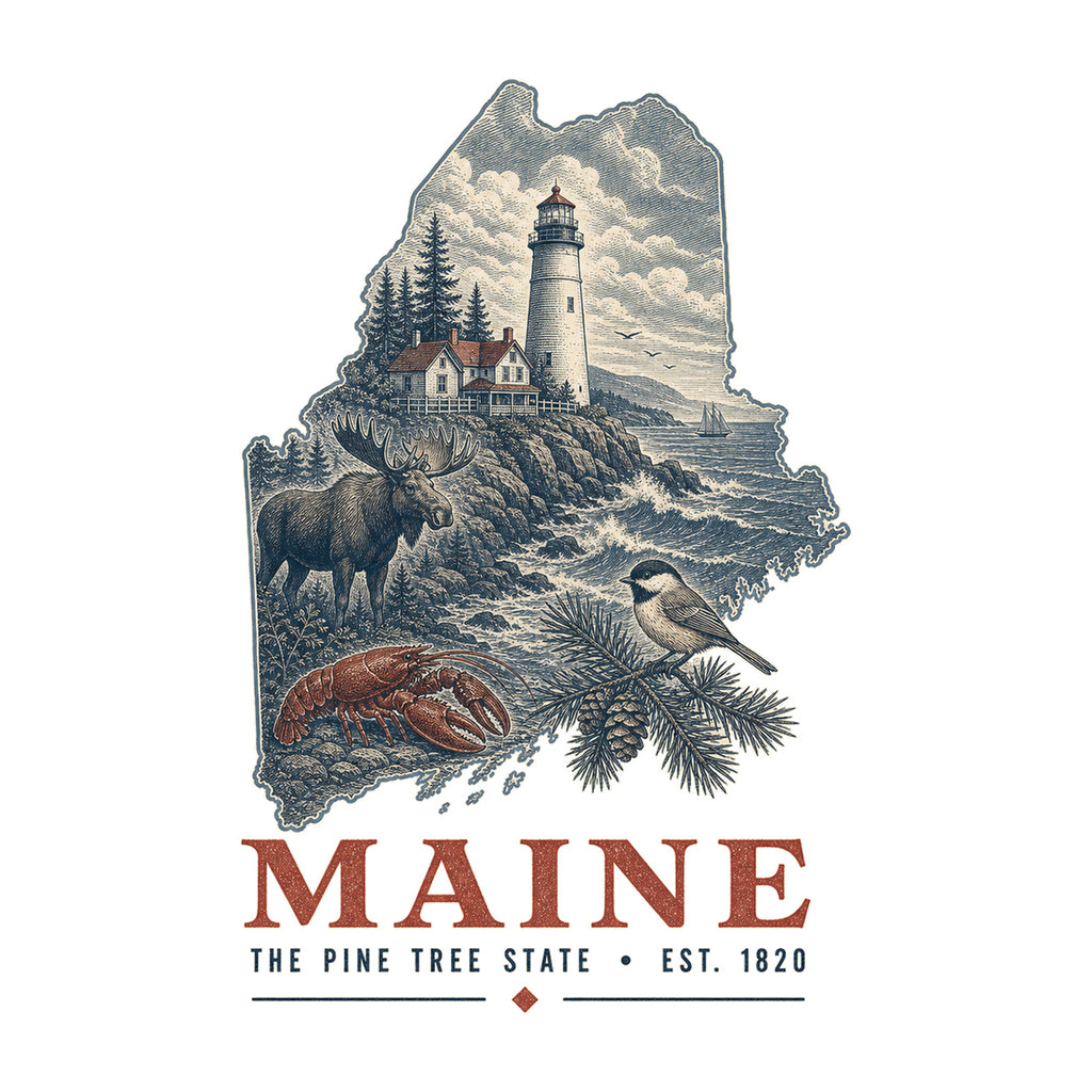 Maine vintage state artwork on a white background