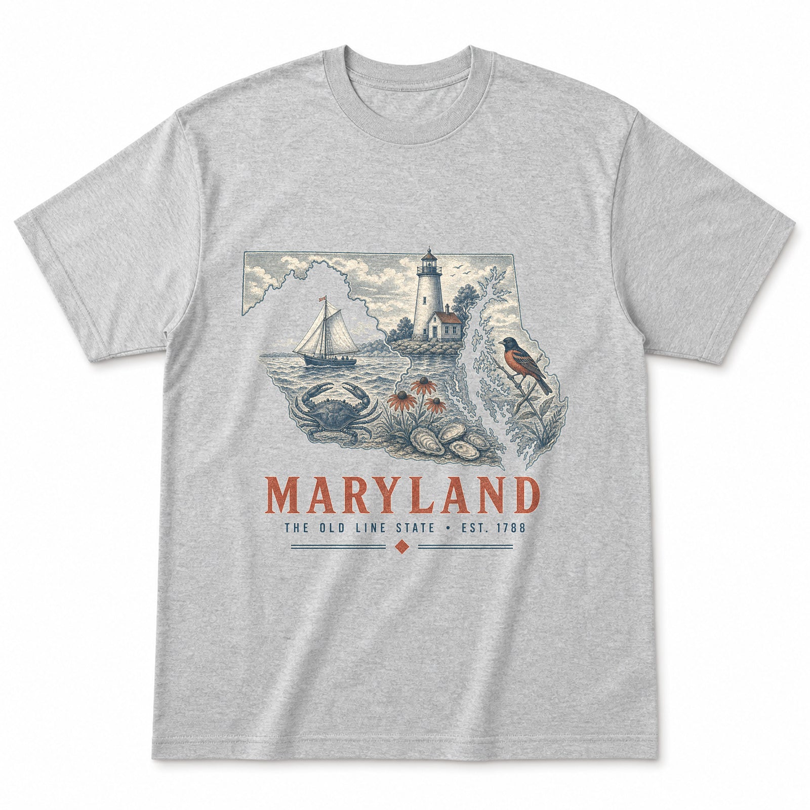 Vintage Maryland State Graphic T-Shirt in Heather Gray, front view on a white background