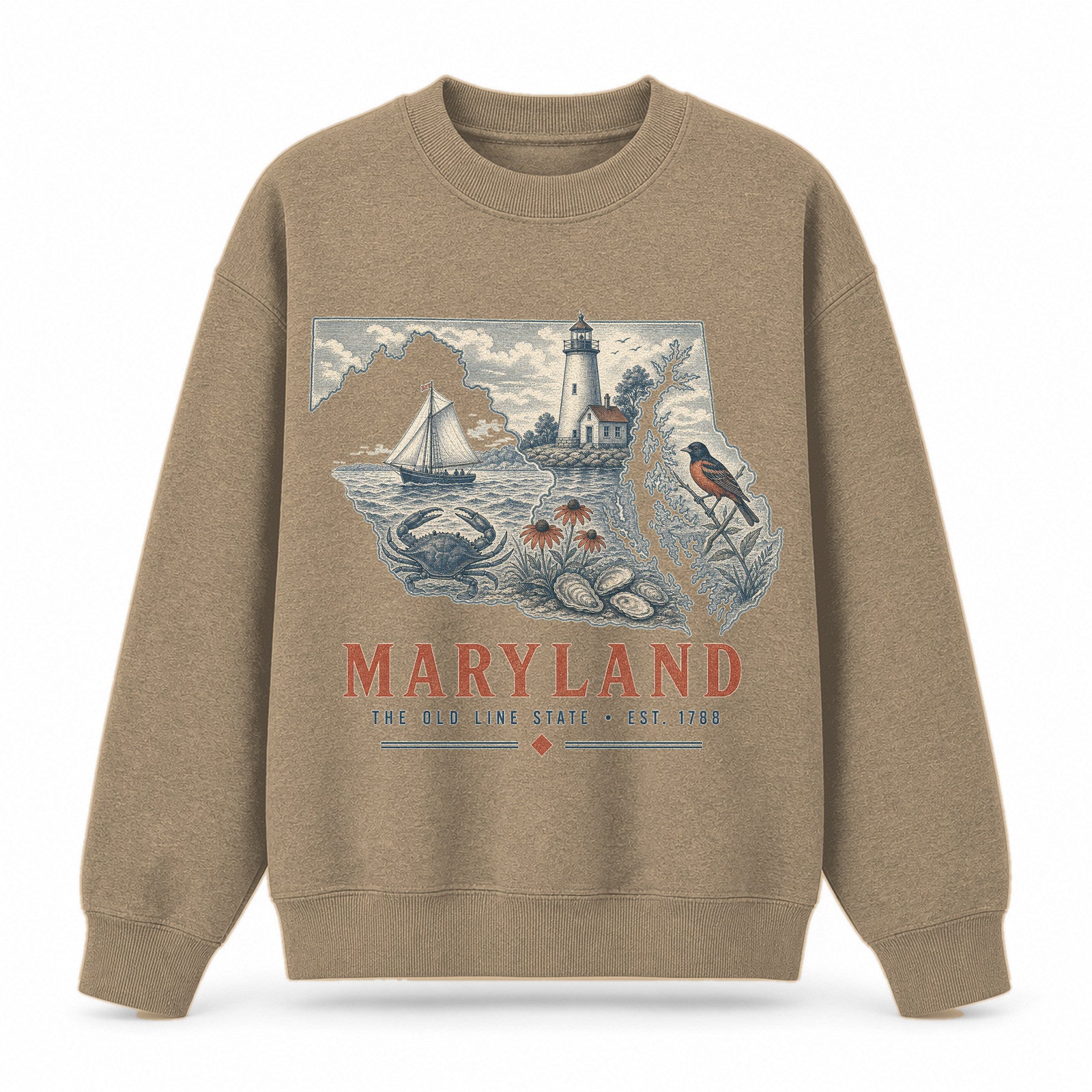 Vintage Maryland State Graphic Crewneck Sweatshirt in Khaki, front view on a white background