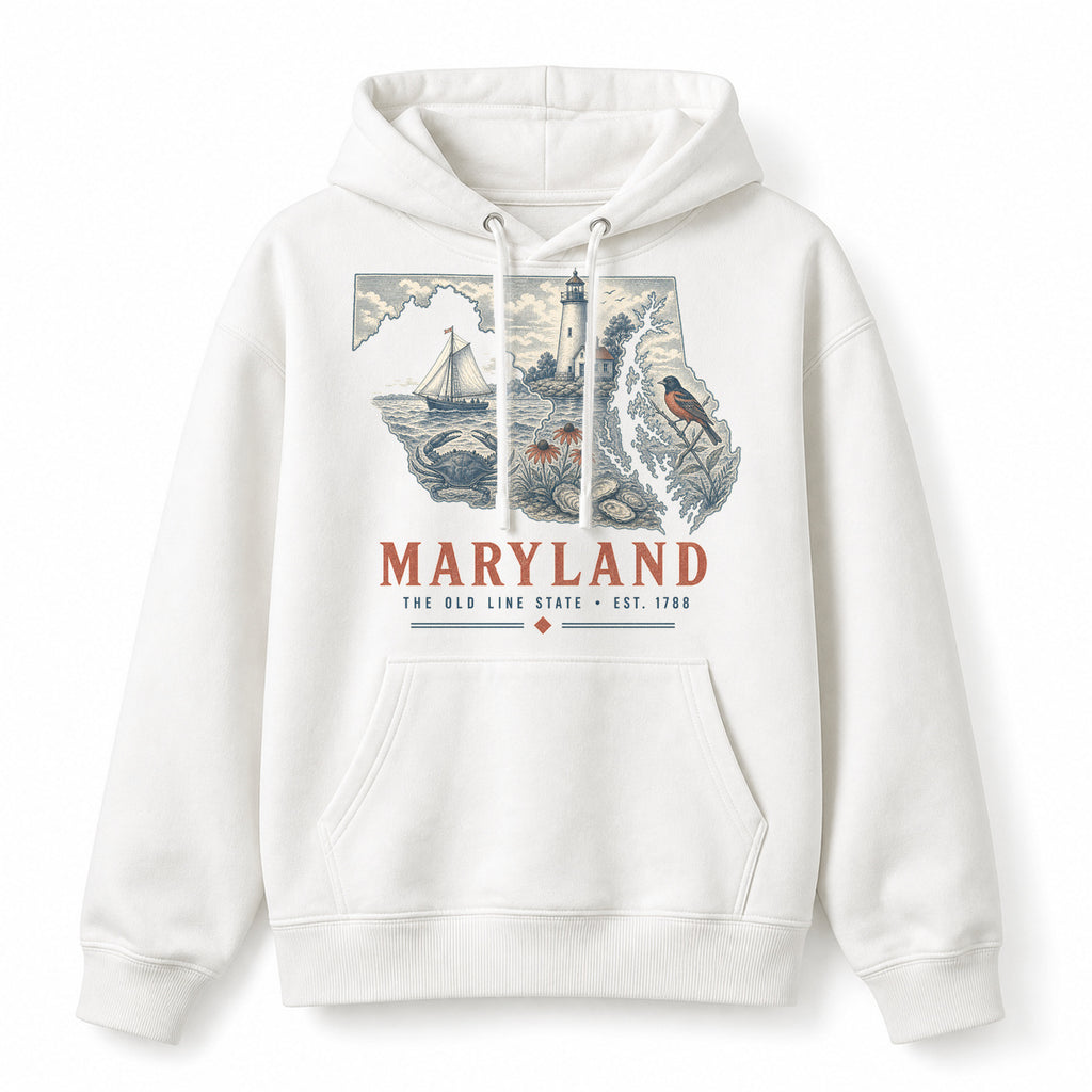 Vintage Maryland State Graphic Pullover Hoodie in White, front view on a white background