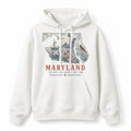 Vintage Maryland State Graphic Pullover Hoodie in White, front view on a white background