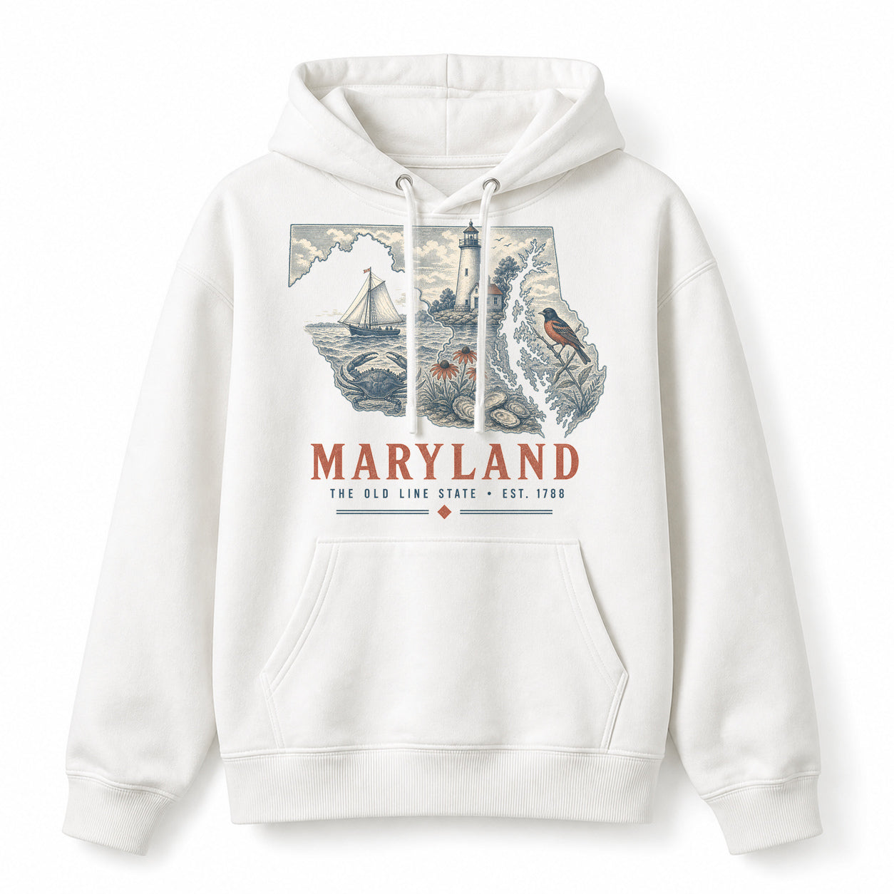 Vintage Maryland State Graphic Pullover Hoodie in White, front view on a white background