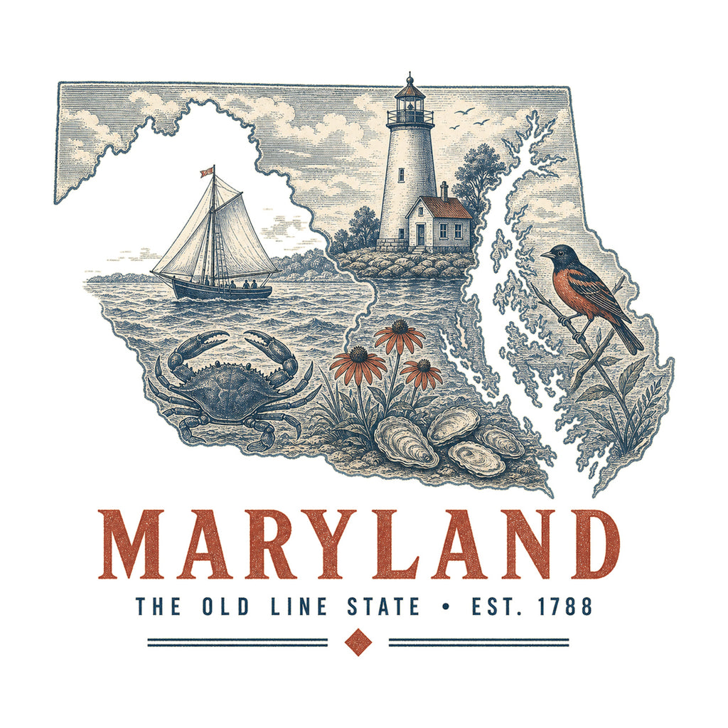 Maryland vintage state artwork on a white background