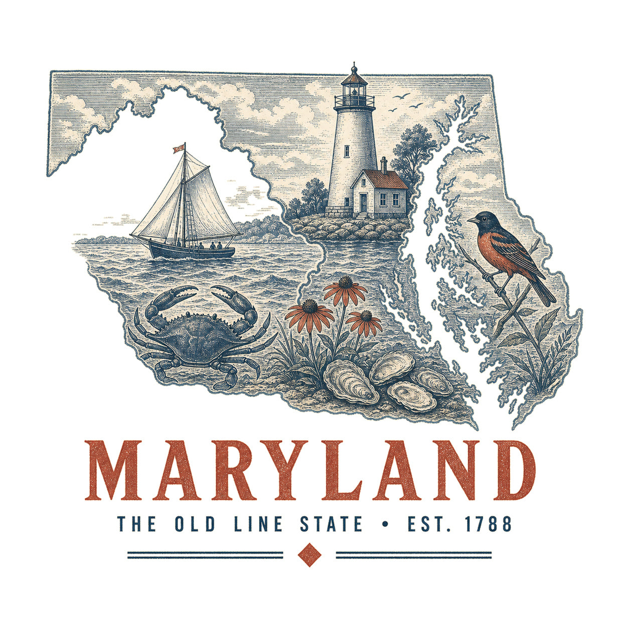 Maryland vintage state artwork on a white background