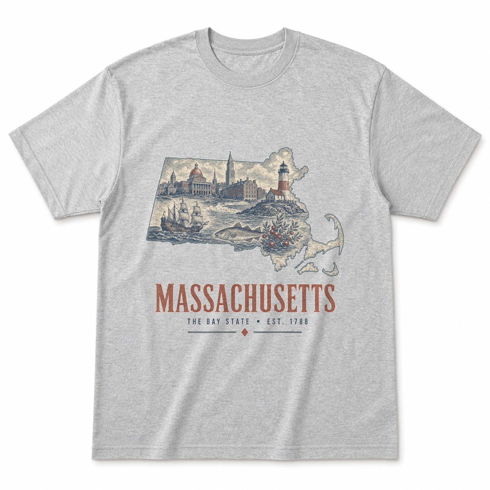 Vintage Massachusetts State Graphic T-Shirt in Heather Gray, front view on a white background