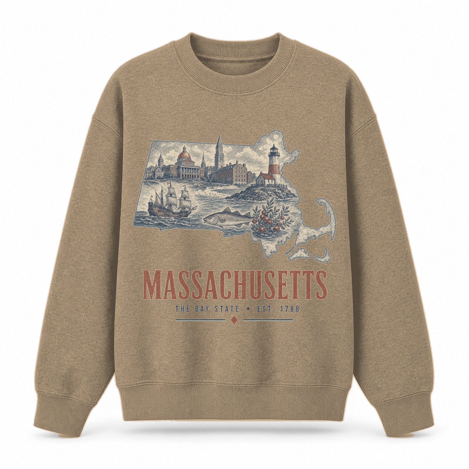 Vintage Massachusetts State Graphic Crewneck Sweatshirt in Khaki, front view on a white background