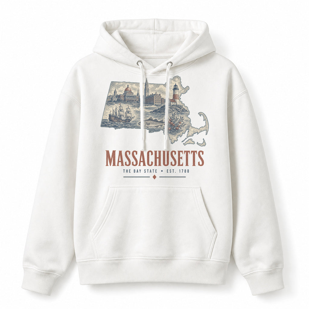 Vintage Massachusetts State Graphic Pullover Hoodie in White, front view on a white background