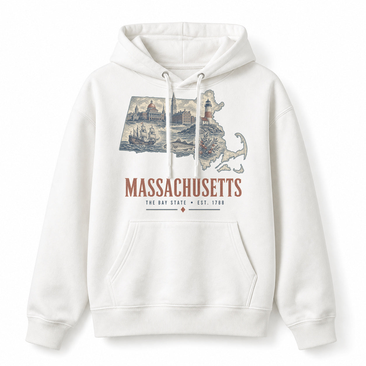 Vintage Massachusetts State Graphic Pullover Hoodie in White, front view on a white background