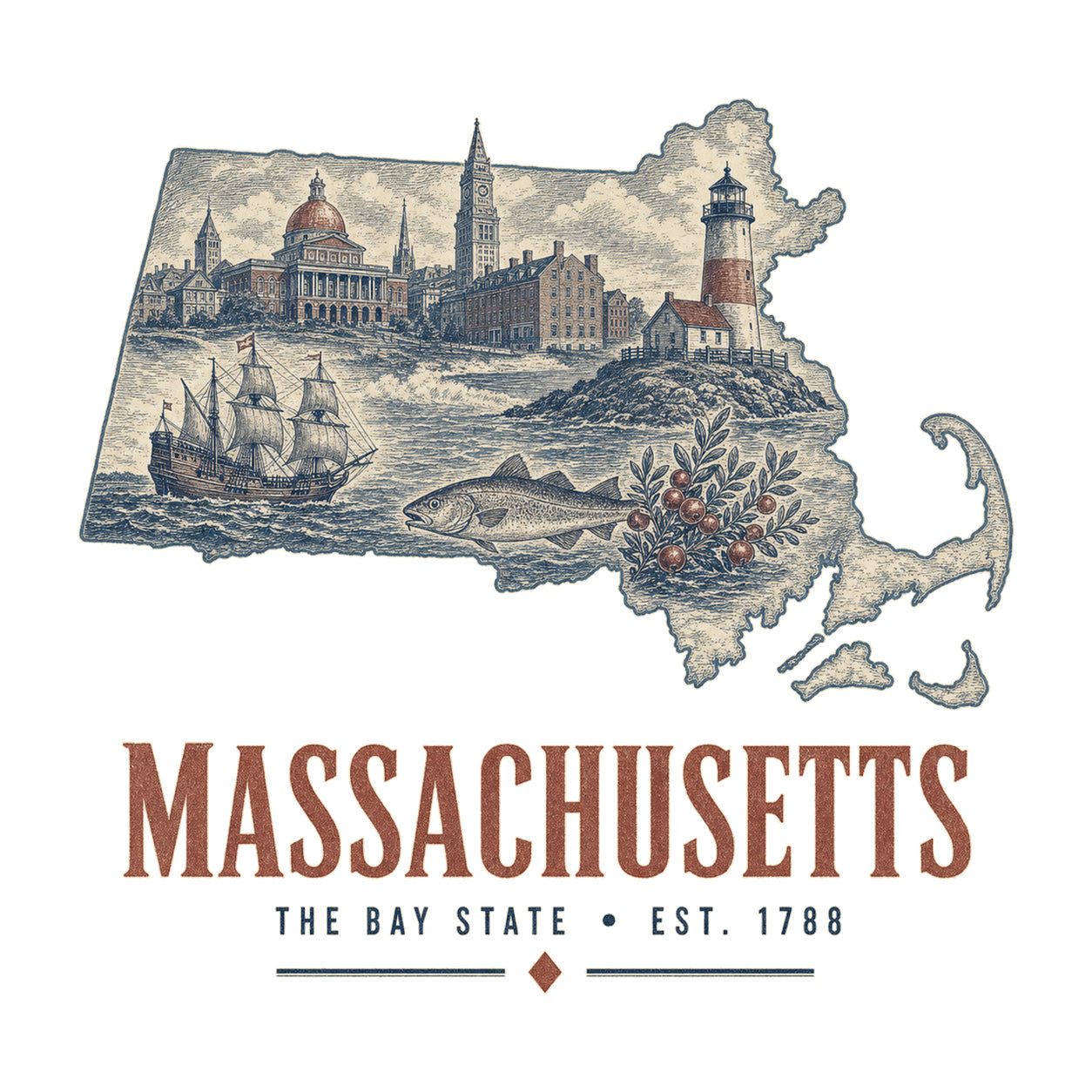 Massachusetts vintage state artwork on a white background