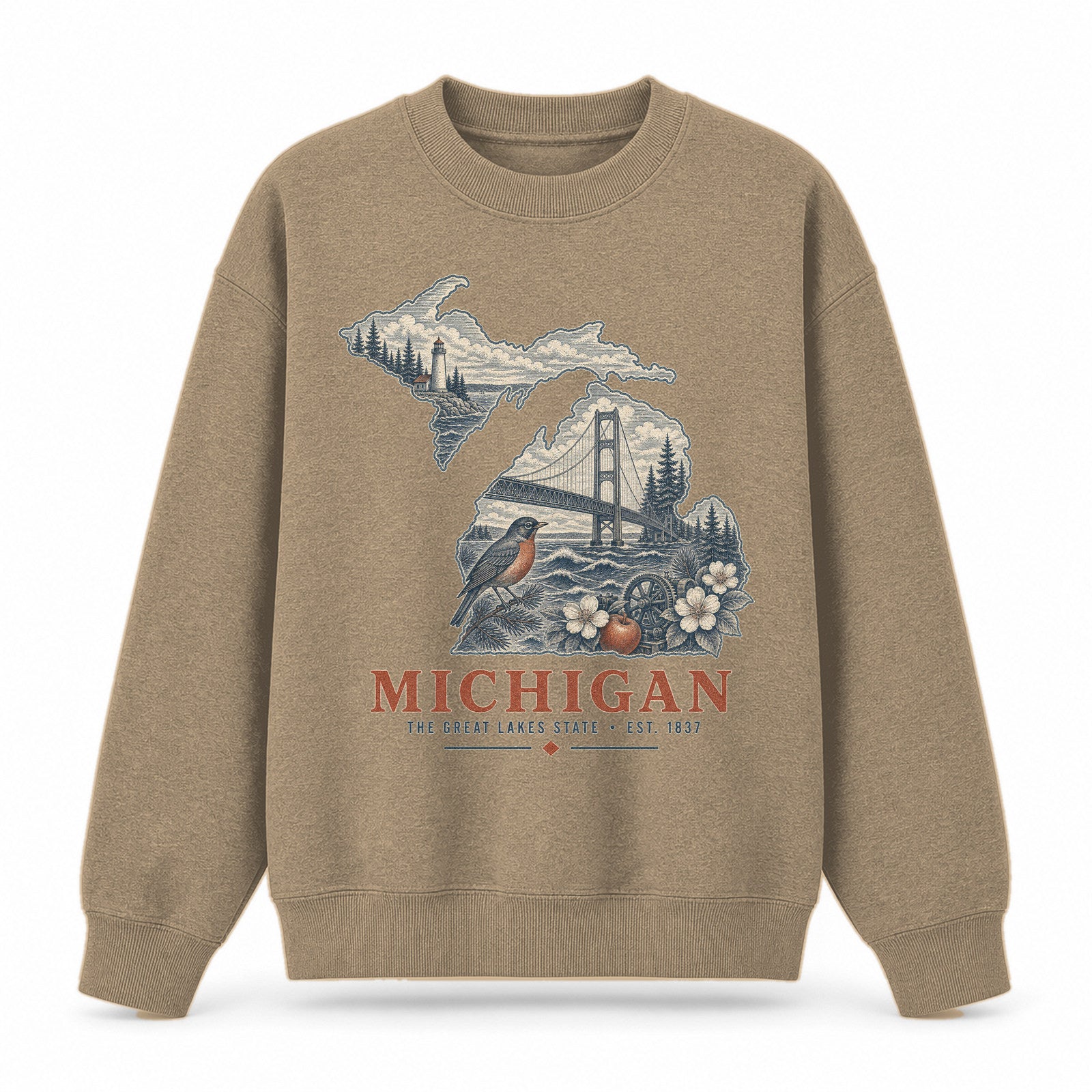 Vintage Michigan State Graphic Crewneck Sweatshirt in Khaki, front view on a white background
