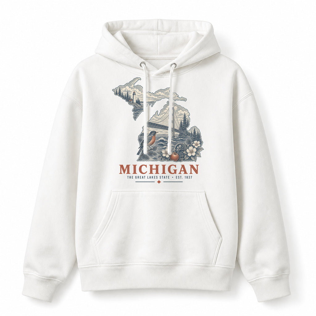Vintage Michigan State Graphic Pullover Hoodie in White, front view on a white background