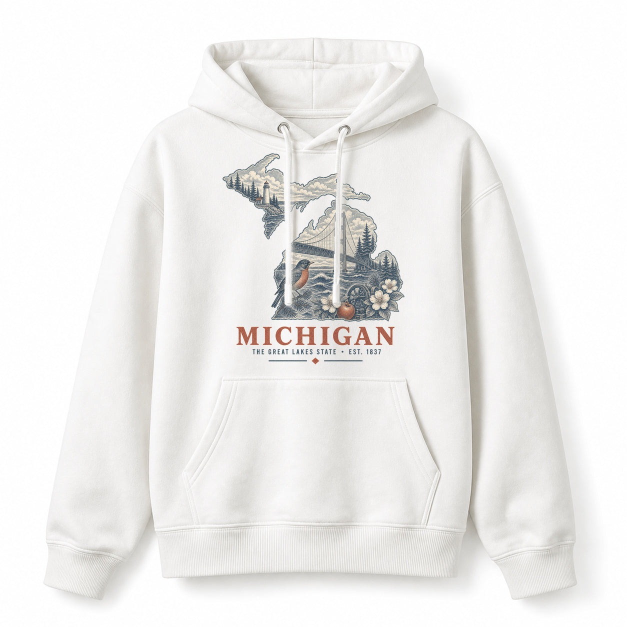 Vintage Michigan State Graphic Pullover Hoodie in White, front view on a white background