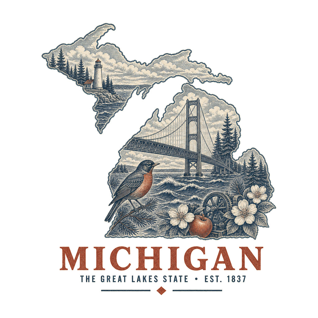 Michigan vintage state artwork on a white background