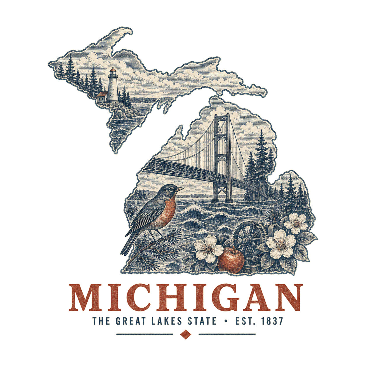 Michigan vintage state artwork on a white background