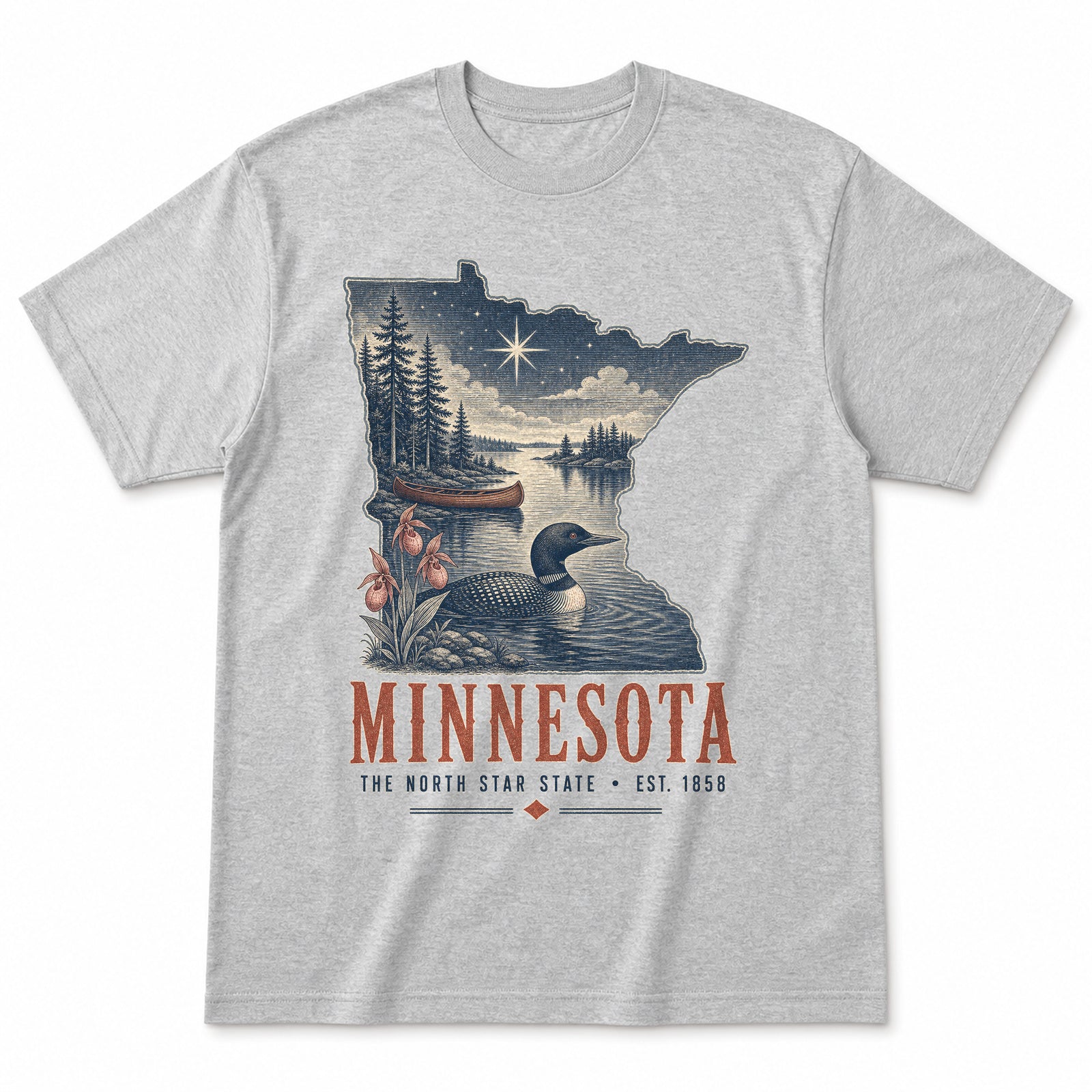 Vintage Minnesota State Graphic T-Shirt in Heather Gray, front view on a white background