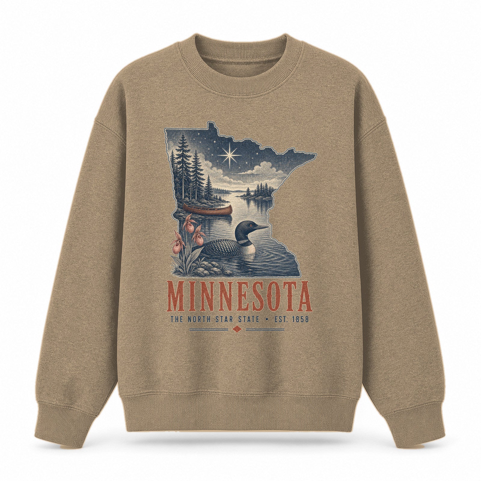 Vintage Minnesota State Graphic Crewneck Sweatshirt in Khaki, front view on a white background