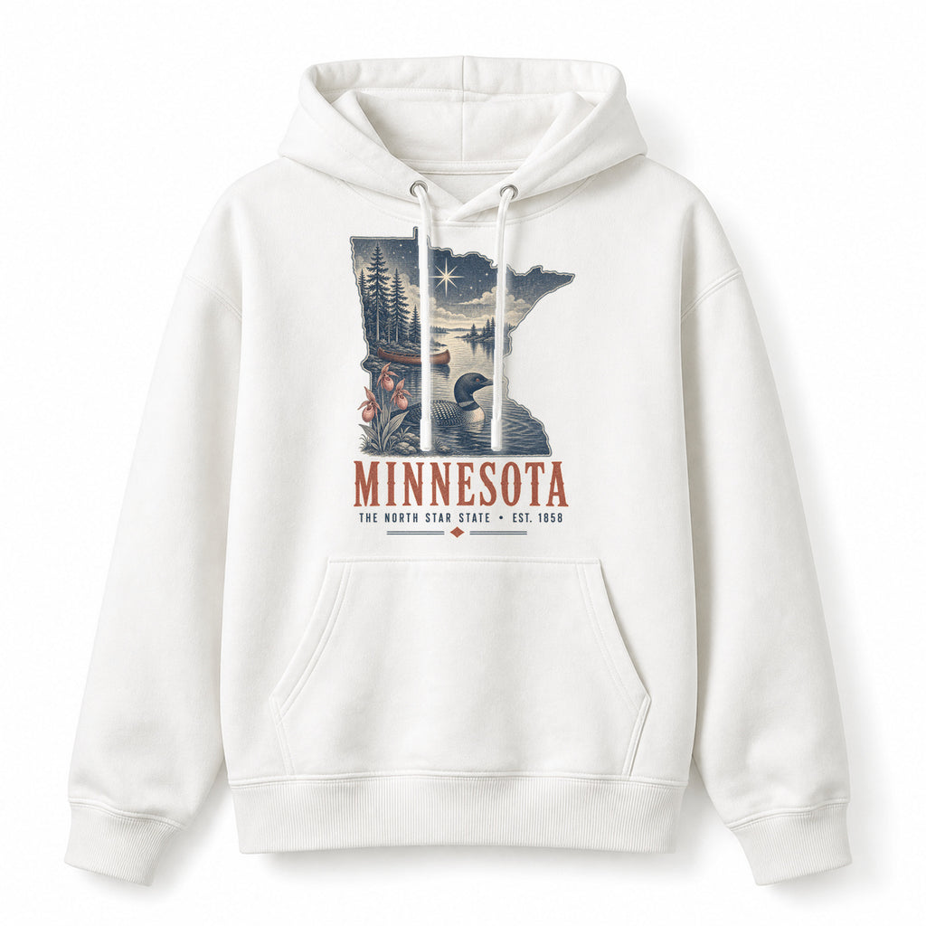 Vintage Minnesota State Graphic Pullover Hoodie in White, front view on a white background
