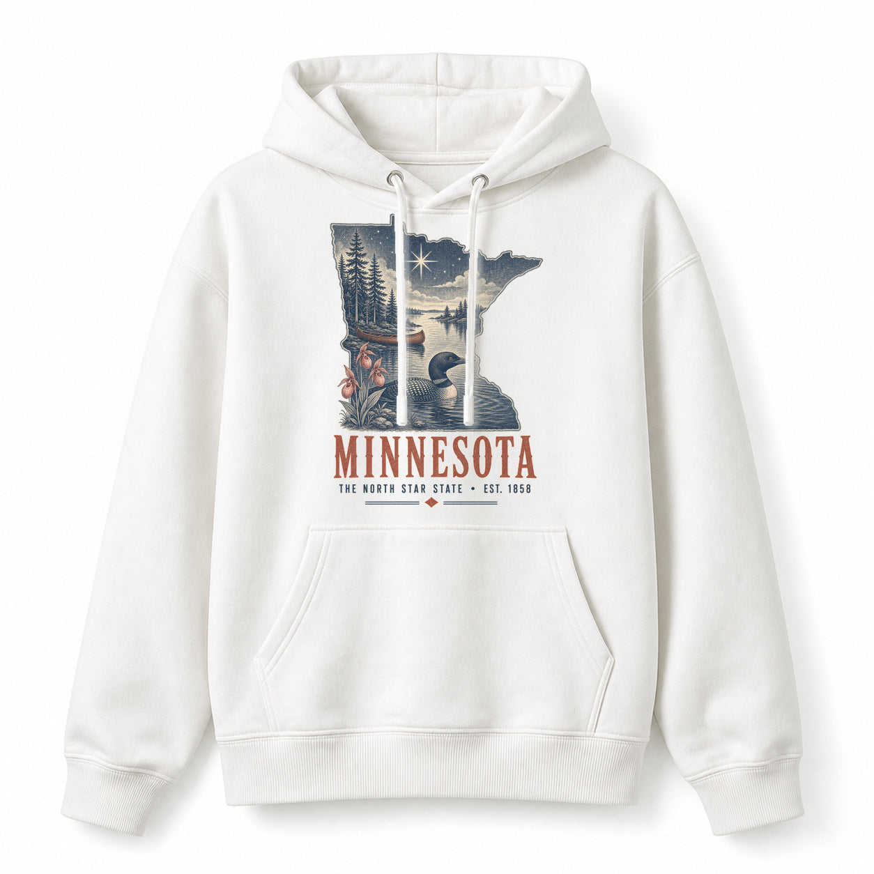 Vintage Minnesota State Graphic Pullover Hoodie in White, front view on a white background